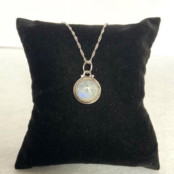 Sterling Silver 925 Baroni Round Moonstone Cabochon Pendant Necklace 18" Chain - Picture 4 of 16